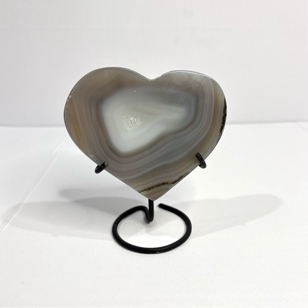 Polished Druzy Agate Crystal Heart Slice on Metal Stand, Purple Gray White
